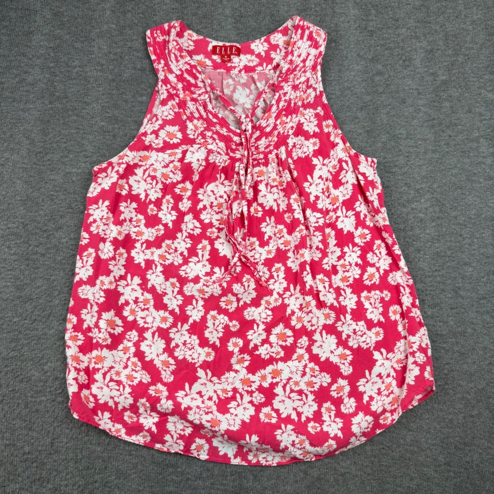 ELLE Tank Top Womens Medium Pink‎ Floral Daisy Tie Neck Pleated Rayon Blouse